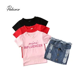 

2Pcs/Set Kids Baby Girl Outfit Set Letter Print Short Sleeve T-Shirt +Ripped Denim Button Skirt Set 1-6T