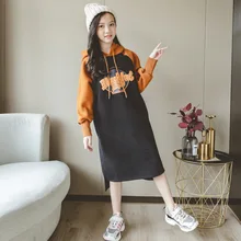 Флисовое платье с капюшоном и рукавами с надписью для девочек; теплые детские платья для подростков; детская одежда