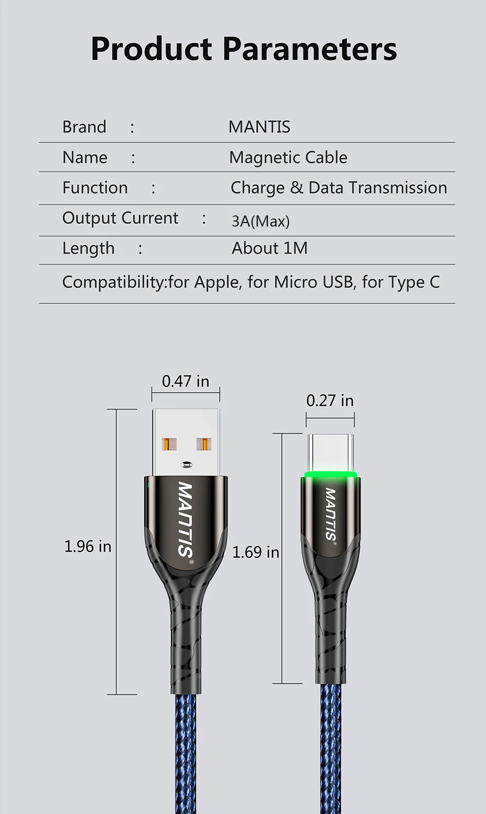 MANTIS usb type C кабель для samsung a50 s10 s9 s8 s7 USB C кабель светодиодный Синхронизация данных провод для быстрой зарядки Xiaomi Mi9 Redmi Note 7 K20