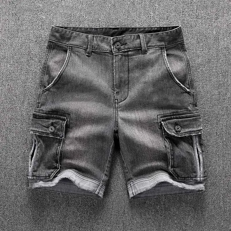 KIOVNO Summer Men Cargo Casual Denim Shorts Straight Washed Jeans Shorts Male Multi Pockets (8)
