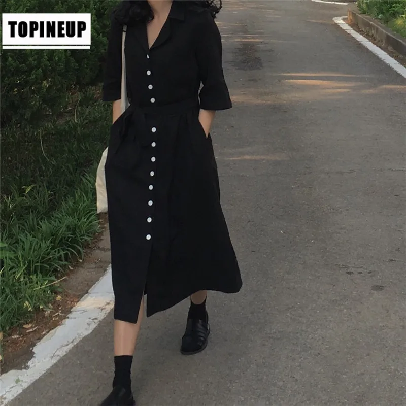 

Korean Chic Single Button Cotton Linen Shirt Dress for Women Work Wear Solid Color Belt Bandage Long Dresses Retro Shirt Dress