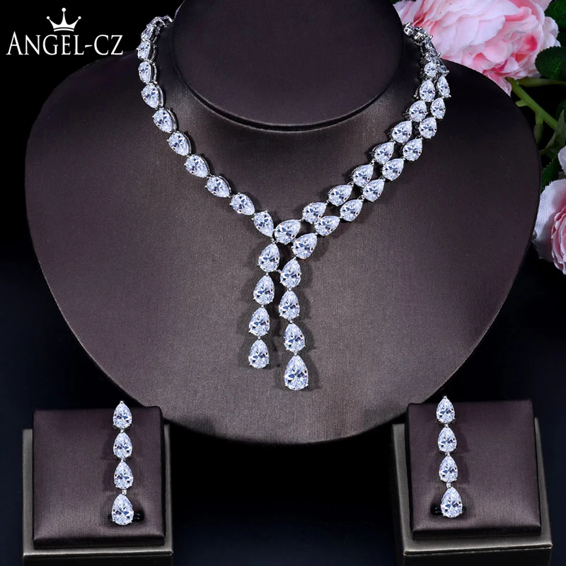 

ANGELCZ Classic Engagement Wedding Jewelry Sets For Women AAA Quality Cubic Zircon Teardrop Long Pendant Earrings Necklace AJ199