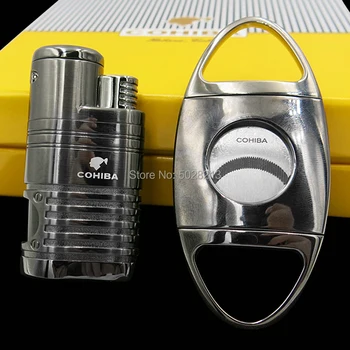 

COHIBA Luxury Windproof Cigar Lighter Cutter 4 Torch Jet Flame With Punch Set Chrome Cigar Cigarette Lighters W/Gift Box Set
