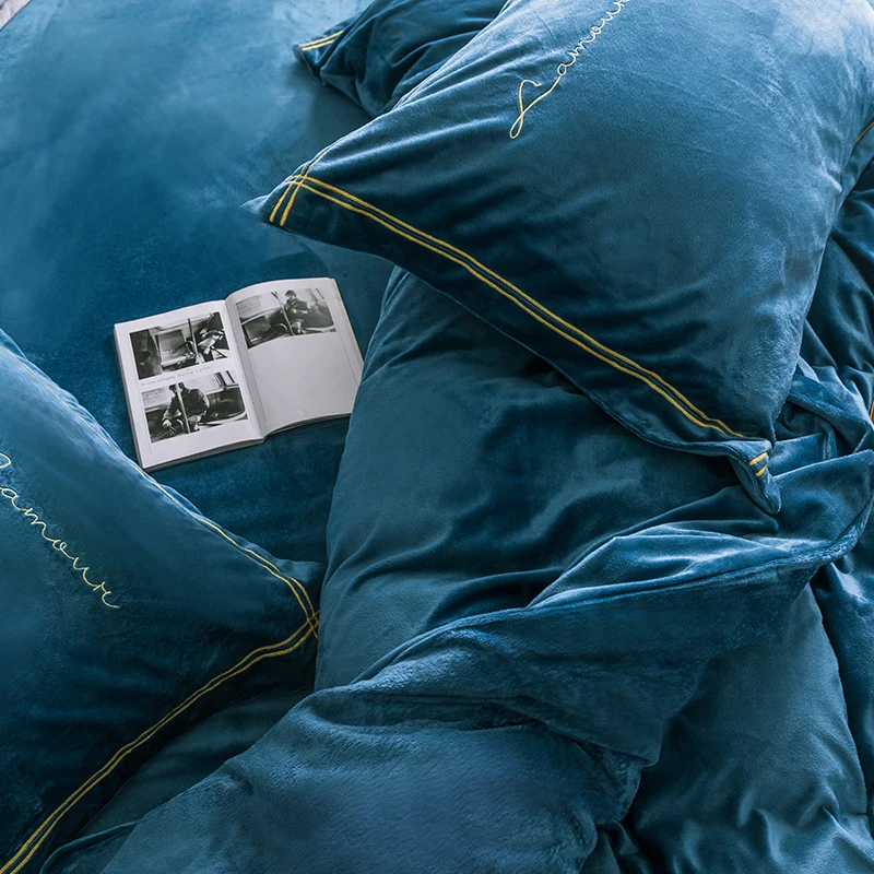 Синий зеленый роскошный флисовый наборы постельного белья из ткани queen King size Вышивка кровать пододеяльник постельное белье Комплект белья