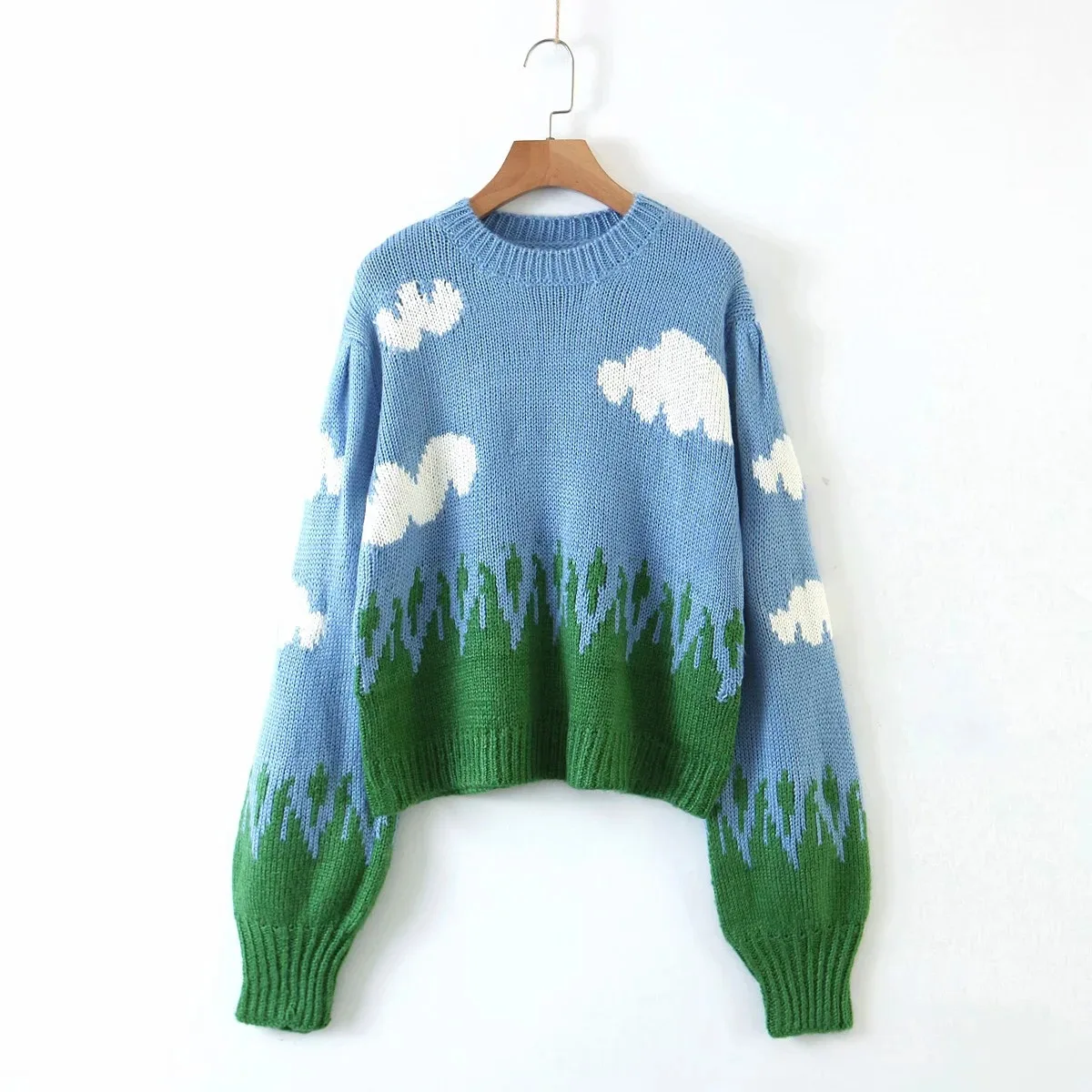 Cute Women Sweater Kawaii Blue Sky White Clouds Bubble Long Sleeve