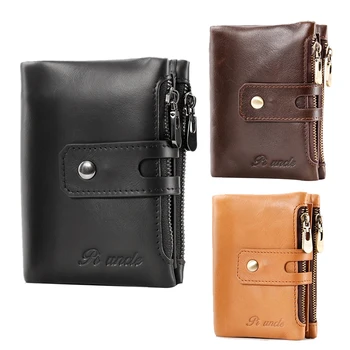 

PI UNCLE Men's Brand Leather Short Wallet RFID Anti-Theft Brush Thin Zipper Wallet Soft First Layer Leather