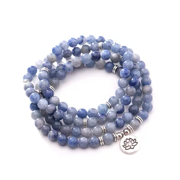

Matte Blue & White Color Sparkling Labradorite Stone Bracelet For Woman 108 Meditation Mala Lotus Necklace Om Bracelet
