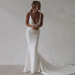 Simple Mermaid Beach Wedding Dresses Boho White Fashion Wedding Gowns Custom Made Sexy Deep V-neck Backless Bride Dress Long
