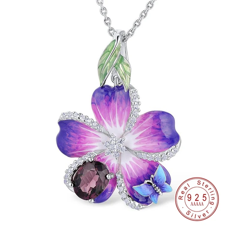 

New Colorful Flower Butterfly Shape Crystal Pendant Necklaces 925 Sterling Silver Bohemia Link Chain Necklace for Women Jewelry