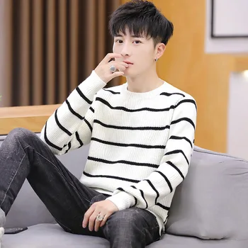

2020 Men's Stripes Sweater Youth Autumn and Winter Thick Pullover Base Solid Color Casual round Neck Sweater