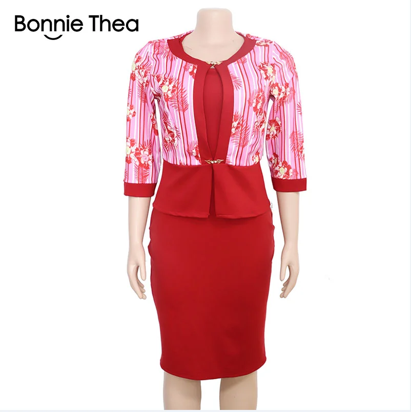Bonnie thea/женское осеннее платье с принтом из двух частей; вечерние элегантные длинные платья для офиса; высококачественное платье большого размера - Цвет: Красный
