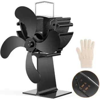 

4 Blade Heat Powered Stove Fireplace Fan with Thermometer Gauge Gloves Silent Ecofan for Wood Log Burner Heater