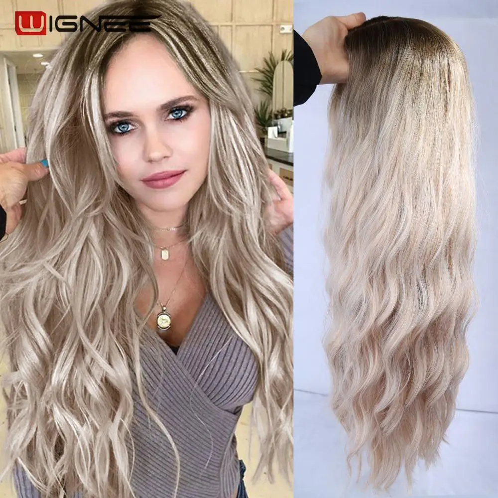 

Wignee Ombre Long Wavy Heat Resistant Synthetic Wig For Women Black to Blond American Cosplay/Party Middle Part Natural Hair Wig