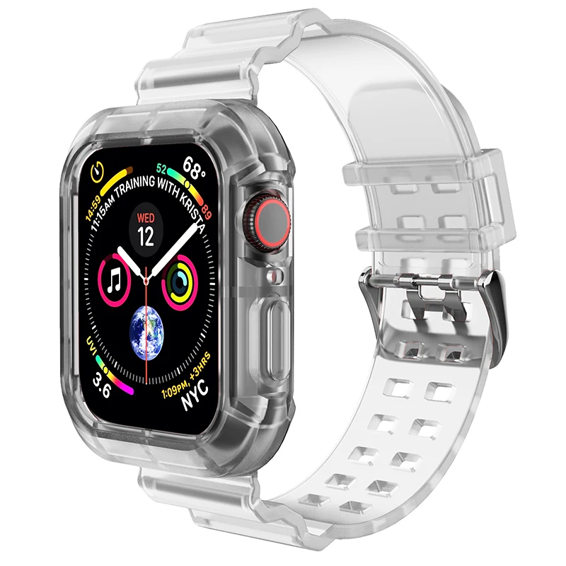 Ремешок + чехол для Apple Watch Series 7 6 SE 5 4 резиновый прозрачный браслет из ТПУ iWatch 41 мм 45