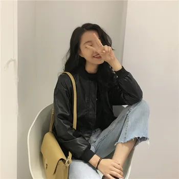 

Coat Female Korean-style Loose Students Autumn Casual Leather Jacket Versatile Black Long Sleeves Short Baseball Uniform Small L