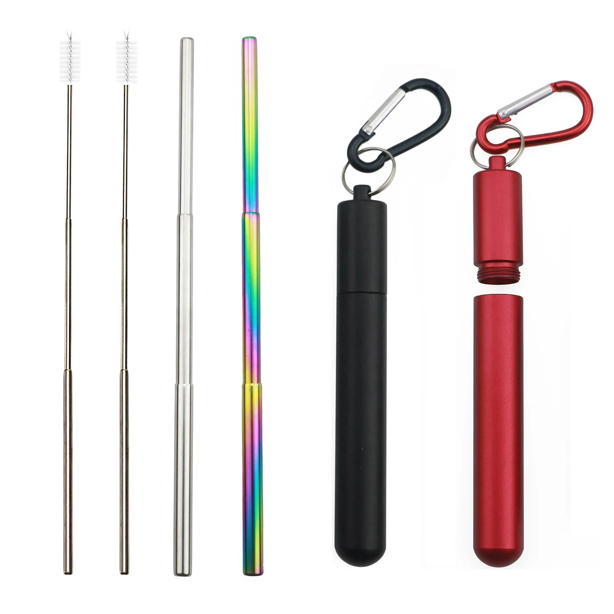 rainbow black red Портативная многоразовая соломинка из нержавеющей стали 304, металлическая соломинка для питья, телескопическая складная соломинка для путешествий и кемпинга с чистящей щеткой - Цвет: rainbow black red