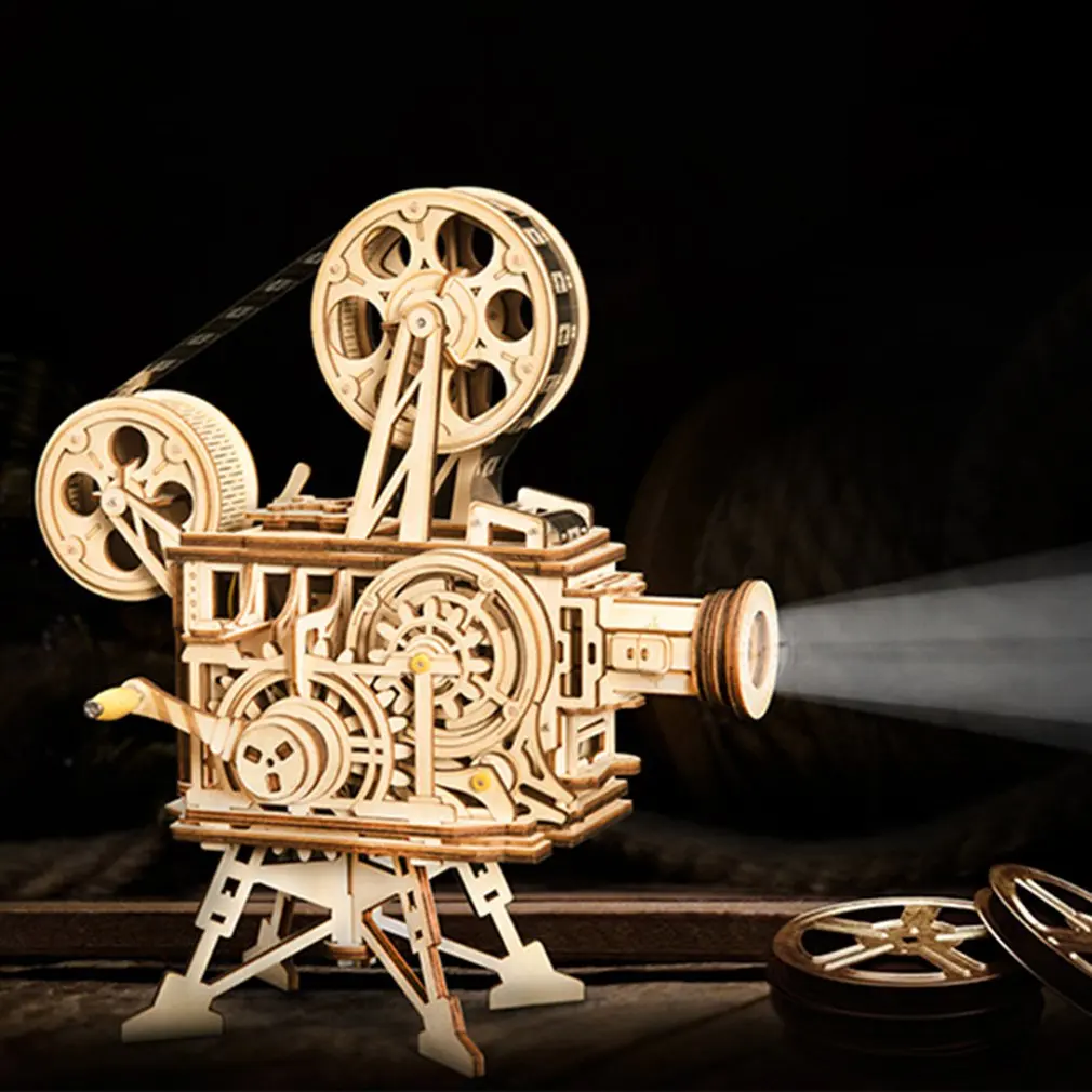 

Hand Crank Diy 3D Film Projector Wooden Model Building Kit Assembly Vitascope Toy Gift for Children Adult