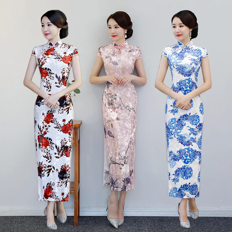 В китайском стиле с принтом бархат Qipao женские элегантные длинные платья тонкий высокий Чонсам с высоким разрезом винтажный воротник стойка Vestidos