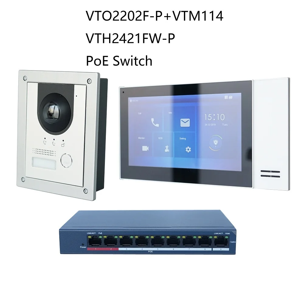 Multi-Language IP Video Intercom KITinclude VTO2202F-P & VTH2421FW-P & PoE switch  SIP firmware