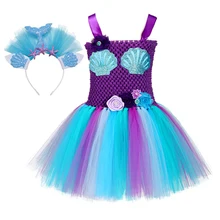 Платье-пачка принцессы русалки для девочек фиолетовый морской синий цветы оболочки для малышей День Рождения мультфильм карнавальный костюм на Хэллоуин Одежда