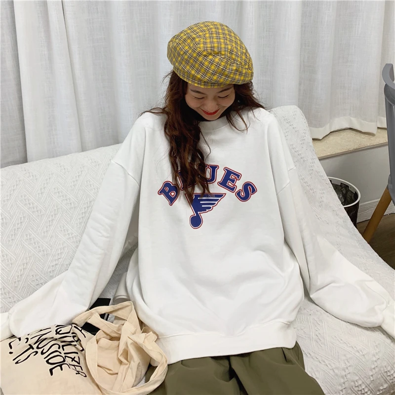 Letter Print Hoodies Women O-Neck Long Sleeve Long Sweatshirts Pullovers Casual Coat Autumn Korean Harajuku Loose Hoodies V529