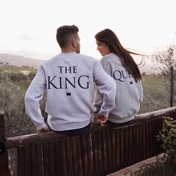 

Fashion King &Queen Couple Print Letter Sport Tops For Couple lovers Light Gray Pullover Letter Printed Couple's Hoodie