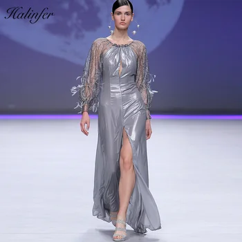 

Elegant Dress Gray Feahers Good Quality Mesh Open Fork Hot Stamping Long Dress Slash Neck Celebrity Cocktail Party Dress Vestido