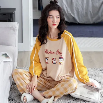 

Simple Casual Round Neck Long-sleeved Pajamas Women's Comfortable Nighty for Ladies Double-sided Cotton Home Suit Autumn Style