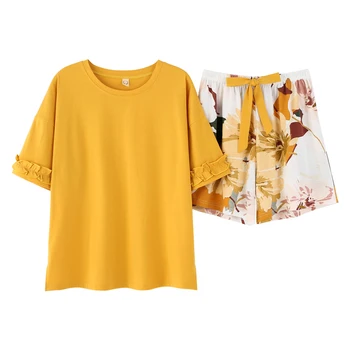 

Women Cute Sleepwear 2PCS Shirt&Shorts Pajamas Set Soild Tops + Floral Shorts Nightwear Cotton Intimate Pyjamas Casual Homewear
