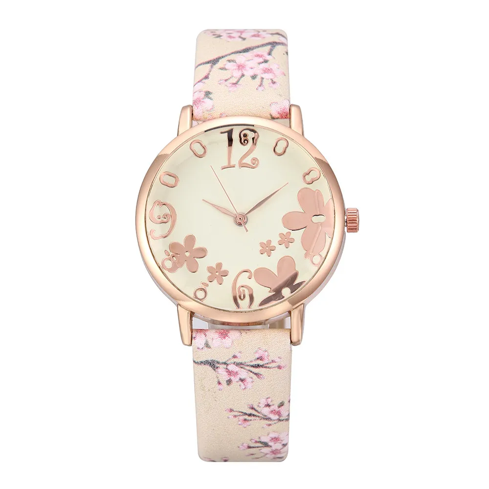 Женские часы модные часы с браслетом женские модные тисненые цветы маленькие свежие печатные часы женские - Цвет: Beige