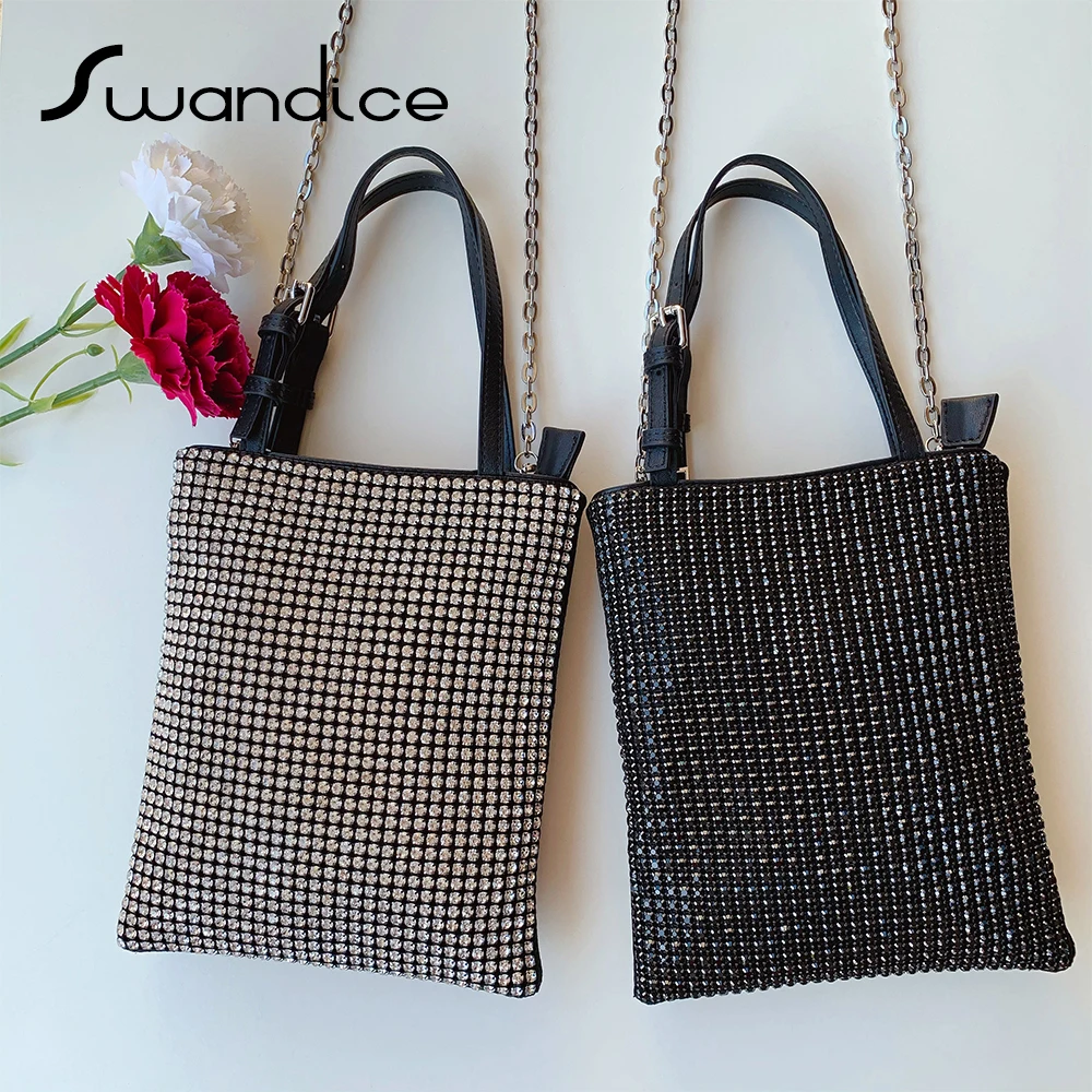 Натуральная кожа инкрустированная цепь со стразами маленькие сумки через плечо