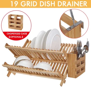 

Multifunction Tableware Drain Rack Folding Dishes Storage Rack Solid Wood Double-layer Dishes Bar Kitchen Shelf Kitchen Drainer