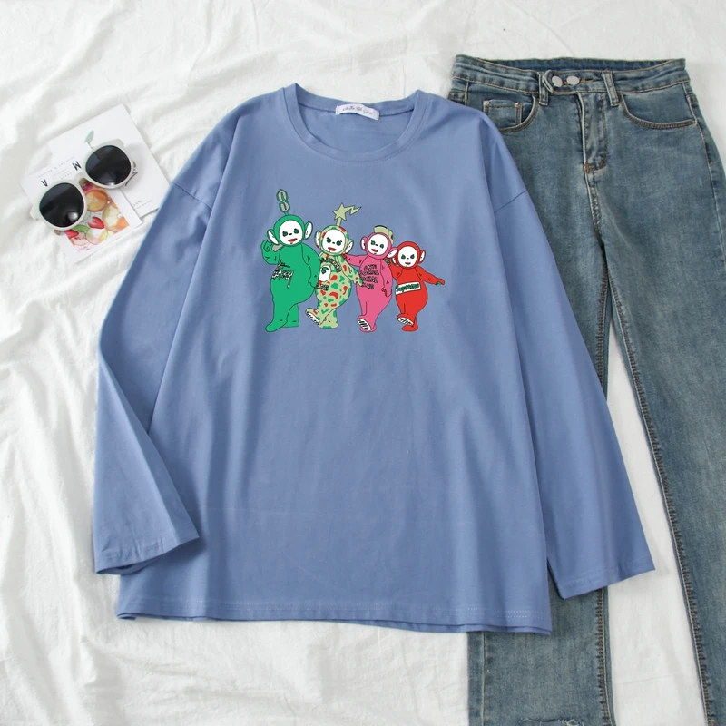 Женская забавная футболка с телепузиками, летняя, осенняя, полностью хлопковая, с принтом, Harajuku, Корейская одежда, camiseta mujer, футболка, femme, Топ - Цвет: Синий