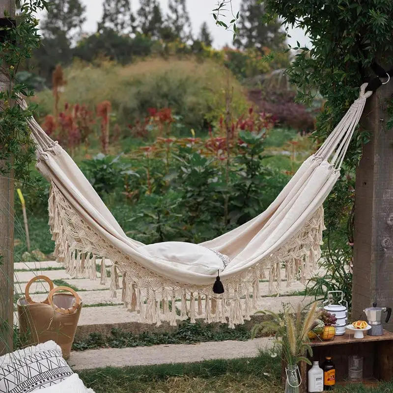 

Double Deluxe Hammock Swing Net Chair 2 Person Hammock Boho Large Brazilian Macrame Fringe Garden Outdoor Indoor Hanging Decor