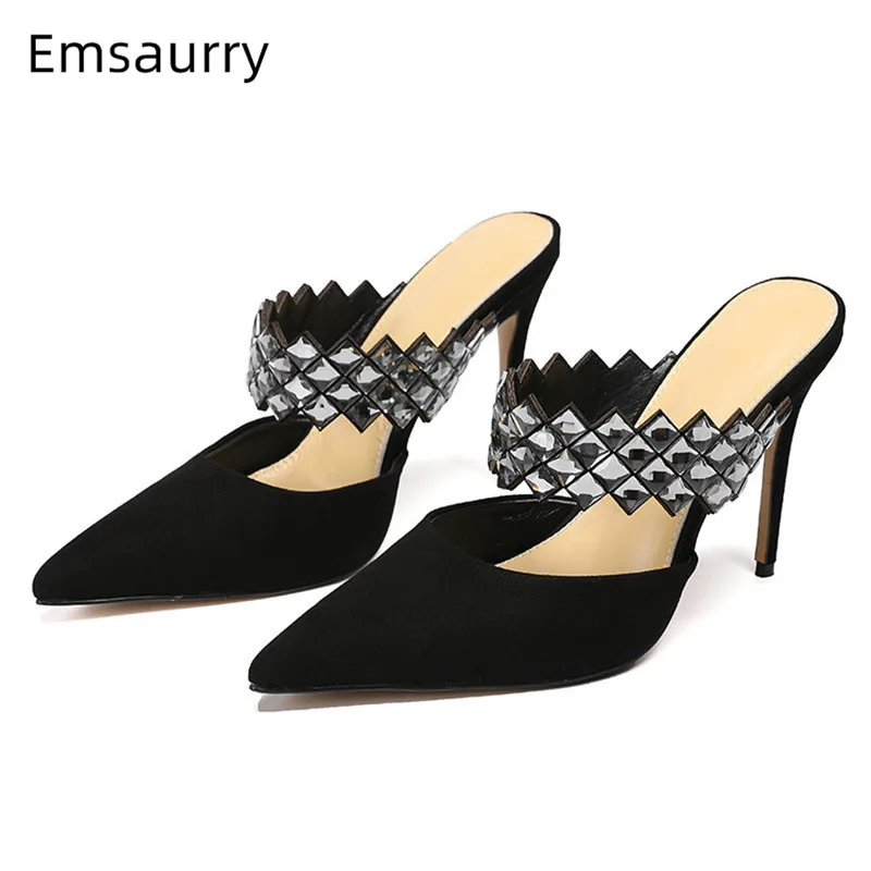 

Crystal Slippers Woman Point Toe High Gladiator Heel Party Slides Sexy Slim Shallow Bling Rhinestones Summer Hot Slippers Mujer