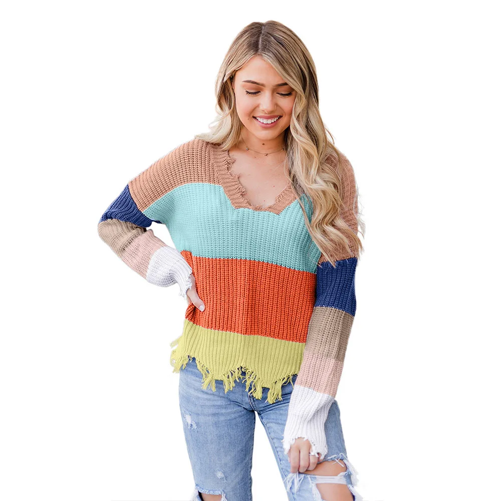 2020 Gray/Red Colorblock Distressed Sweater Autumn Winter Spring Long Sleeve Casual Pullovers Korean Style Mujer S-XL | Женская одежда