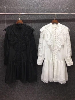 

2020 autumn and winter new women's stand-up collar water-soluble embroidery hollow long-sleeved solid color button dress 916