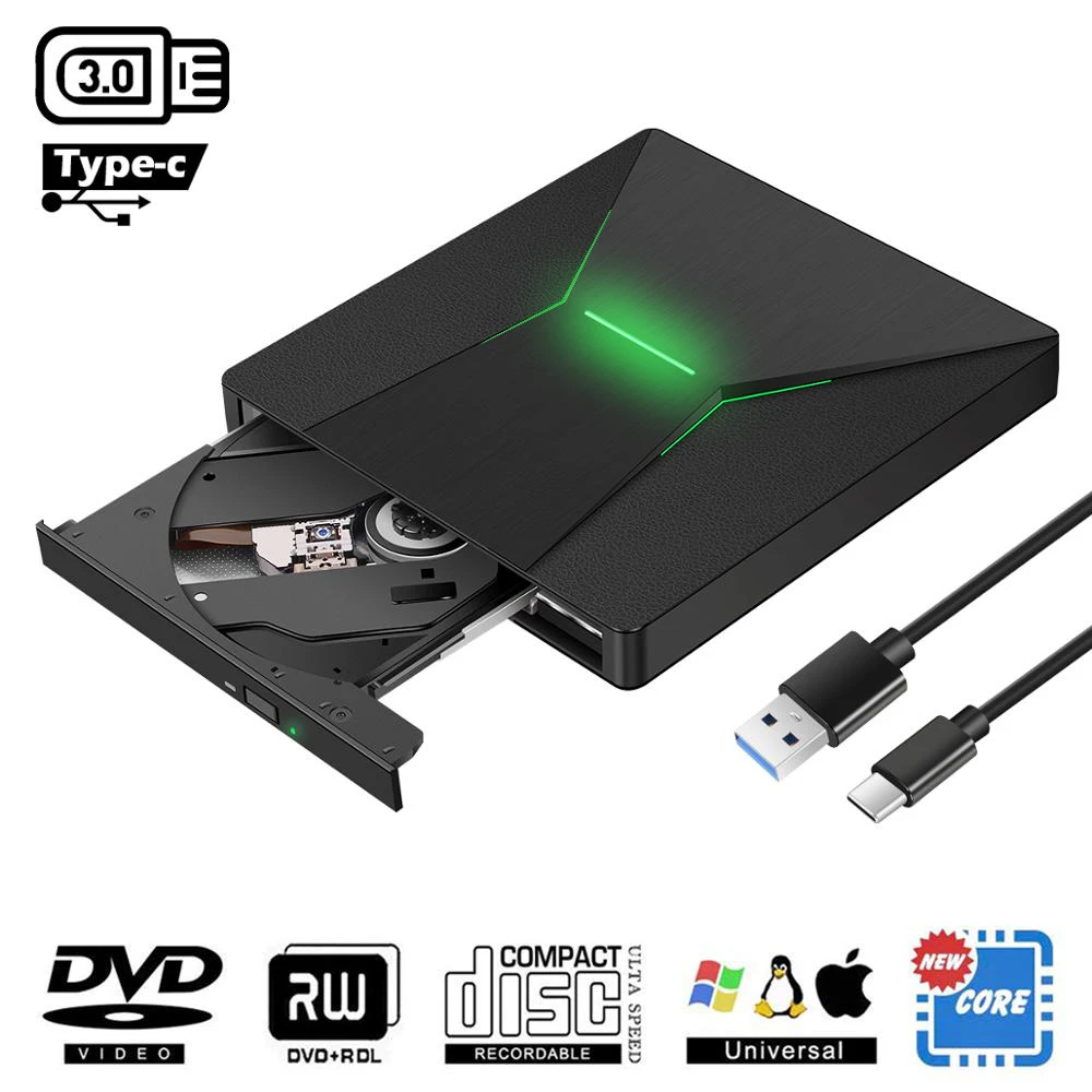 Quemador KuWfi USB 30 tipo C portátil de alta velocidad de DVD +/RW con luz colorida reproductor de