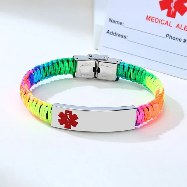 Customized Stylish Medical Alert ID Bracelet for Women Multicolor Nylon Rope Handmade Braided Hypoallergenic Awareness Bangle Bracelet