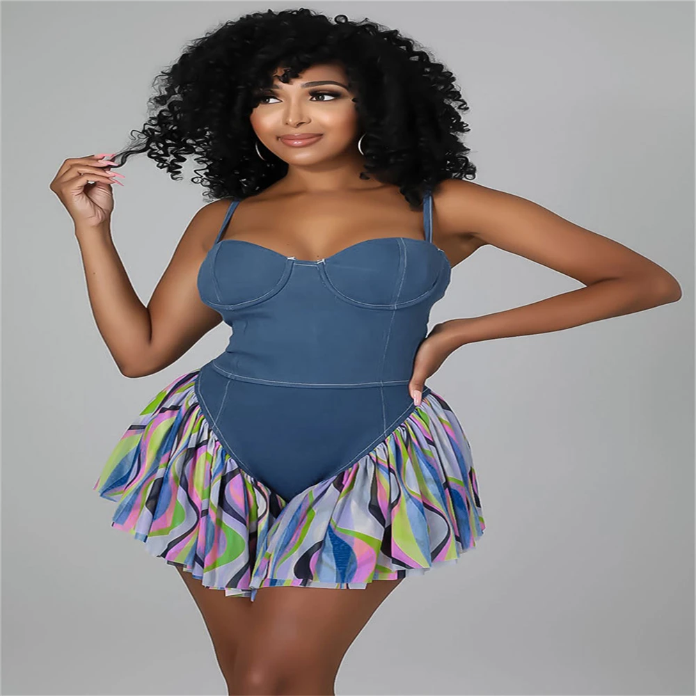 Spaghetti Strap Patchwork Denim Playsuit Women Sexy Off Shoulder Nightclub Wear Summer Zipper One Piece Outfit african wear for women