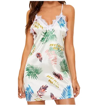 

Women Nightdress Satin Sexy Lace Trim V Neck Printing dress Silk Cross Belt Backless Lingerie Sleepwear pijama nightwear 2020