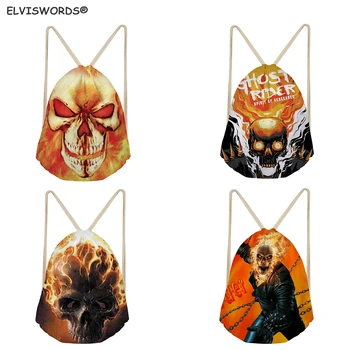 

ELVISWORDS Ghost Rider Printed Backpacks Skull Gothic Drawstring Bags Kids Schoolbag Travel Beach Sack Gym Bags Gift for Teenage