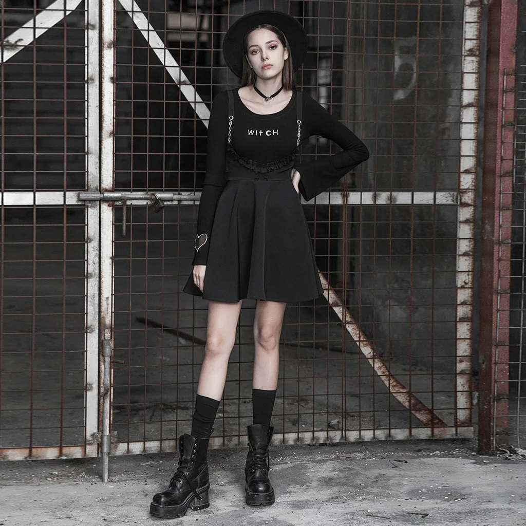 PUNK RAVE Women Gothic Punk Half Skirt with Iron Chain Chiffon High Waist Slim Fit Club Party Gothic Strap Skirt