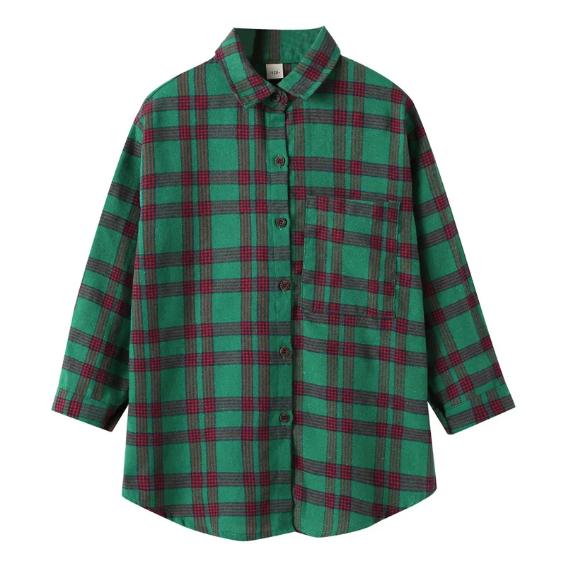 Teenage Girls Green Plaid All-match Cotton Long Shirt Fall
