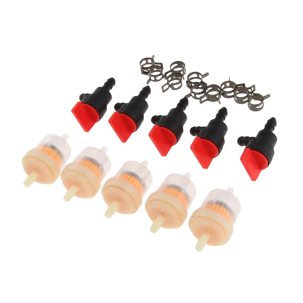 5Pcs 1/4 Inline Fuel Filters + 5Pcs 1/4 Shut Off Valves + 10Pcs Hose Clamps for    698181 697944