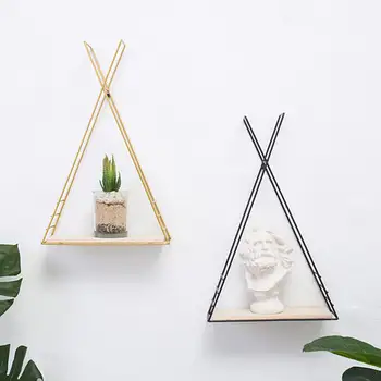 

New Metal Wall-Mounted Hanging Triangle Shelf with Woden Board Storage Organizer Display Rack Gold Black