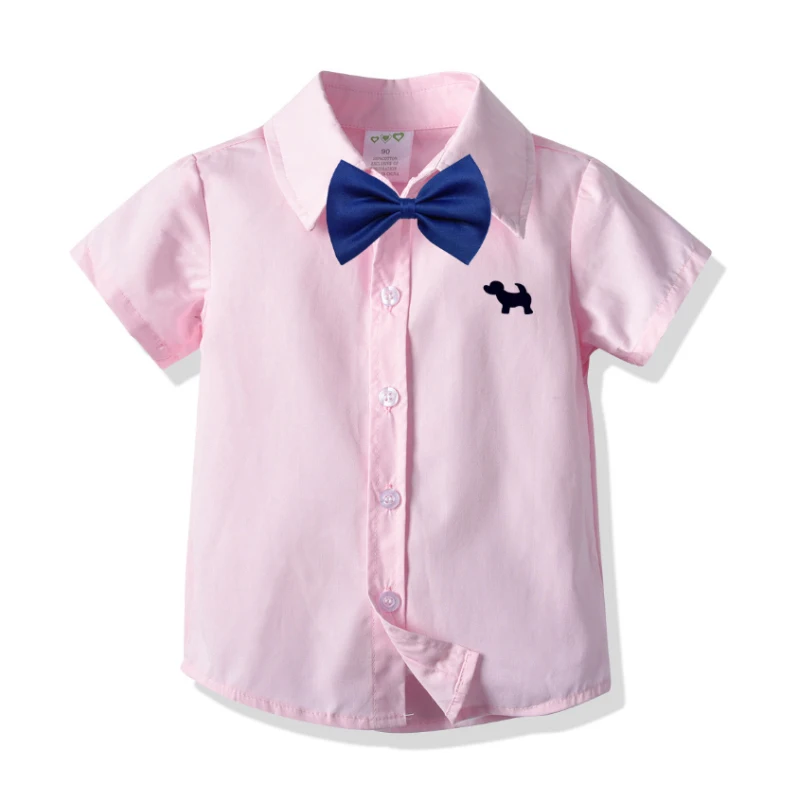 Pink 2 Рубашки для мальчиков с героями мультфильмов одежда с короткими рукавами для маленьких мальчиков с галстуком-бабочкой, розовая детская рубашка для мальчиков, лето, детские топы - Цвет: Pink 2
