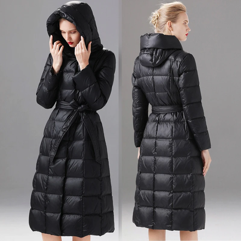 Elifashion, толстый пуховик для женщин, зимний,, средней длины, Европейская и американская мода, белый утиный пух, талия, выше колена размера плюс