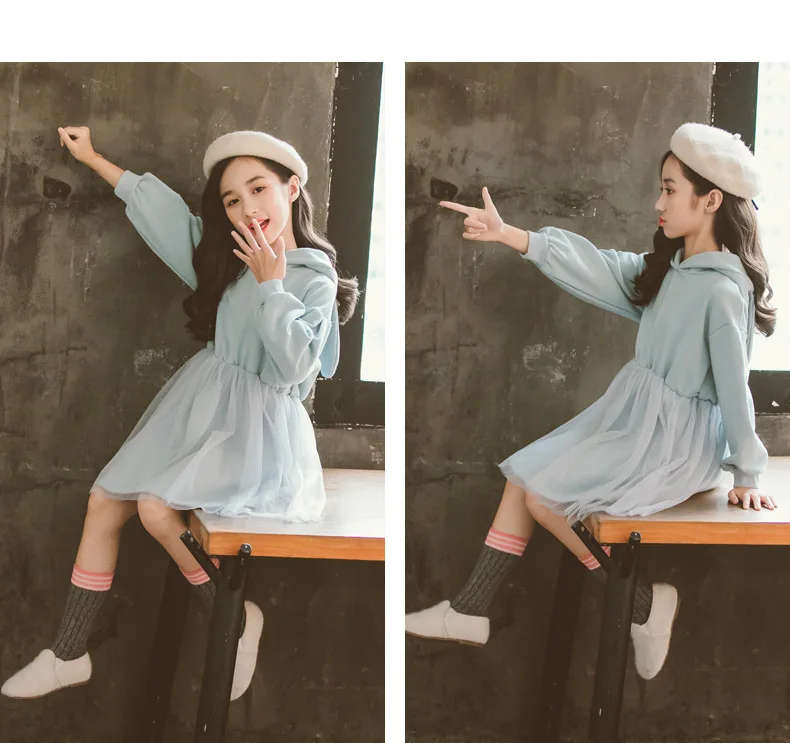 2020 Spring Autumn Big Girls Cute Pink Rabbit Ears Hooded Sweater Dresses Children Cotton Mesh Dress Blue Size 6 8 9 10 11 12 13 (19)