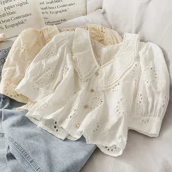 

2020 Summer New Sweet Style Openwork Lace Solid Color V-neck Short-sleeved Ruffles Women Blouse Fashion Trend Shirt